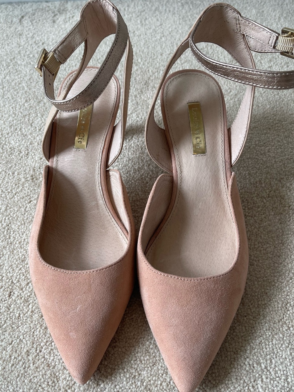 Louise et Cie Pointed-Toe Ankle-Strap Heels in Blush and Metallic